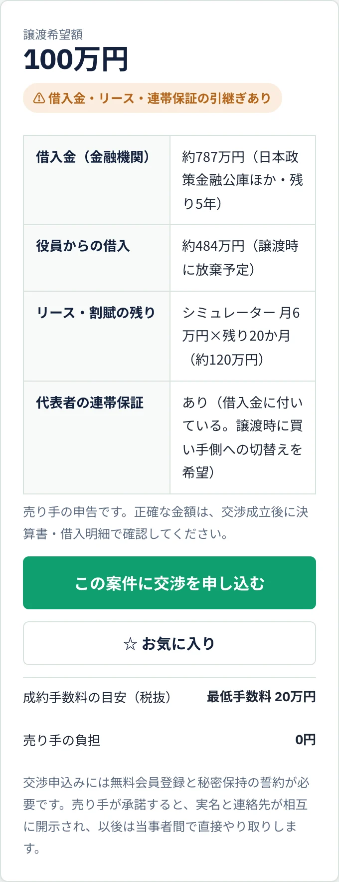 会員向けの案件ページ。引き継ぐお金の内訳